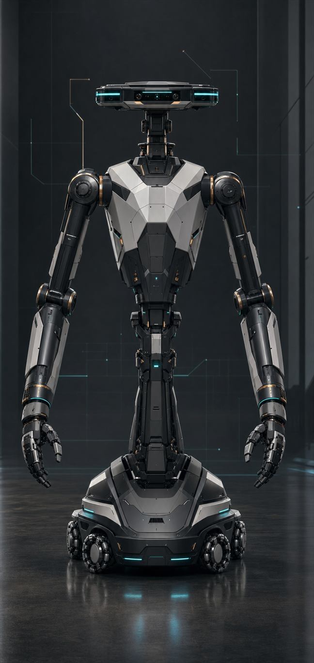 Original RobbottX dual-arm mobile robot concept in a dark product studio